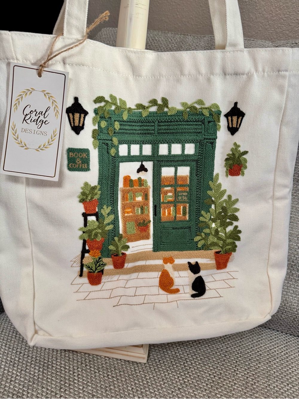 BOOK STORE & COFFEE SHOP Canvas Tote Book Bag Cats Plants Embroidered NWT - Picture 11 of 14